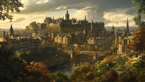 Autumn sunlight washes over a grand hilltop fantasy cityscape.