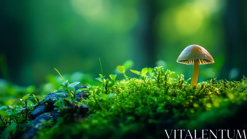 Forest mushroom on moss bed under soft emerald light.