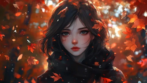 Melancholic autumn girl stands amid swirling crimson leaves