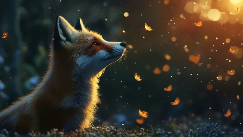 Fox in golden bokeh observing luminous butterflies at dusk