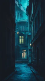 Foggy old alley glows with warm window and gas lamps
