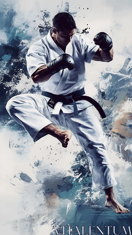 Midair karate storm, black belt poised in painted thunder.