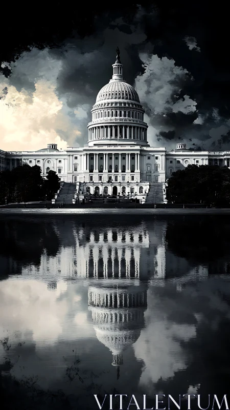 Storm-brooding Capitol dome converses with its ghostly reflection