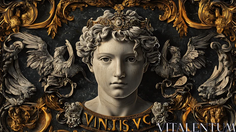 Baroque marble bust with gilded ornament and heraldic gryphons