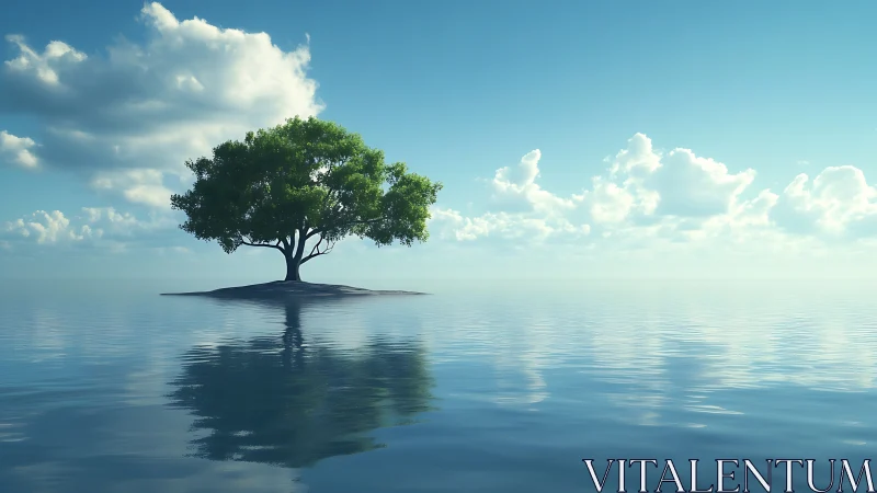 Solitary Tree on Island in Calm Waters.