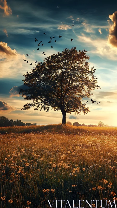 Lone golden tree greeting migrating birds at emberlit dusk.