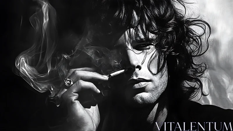 Moody black and white portrait of smoker in rising smoke.