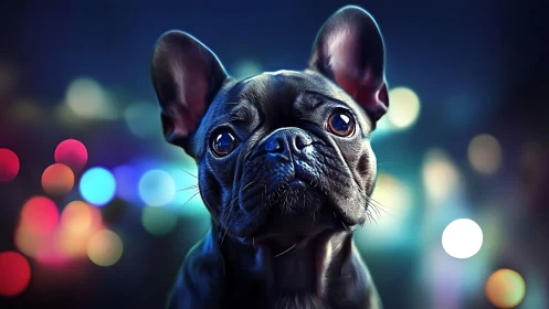 French bulldog portrait with neon bokeh background.