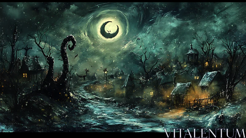 Haunted crescent moon village under swirling nocturne sky.