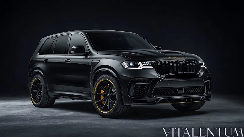 Sleek black SUV glowing with bold golden accents at rest.