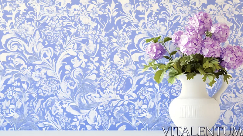 White ceramic vase holds hydrangeas before patterned wall