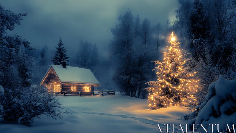 Snow-covered cabin and illuminated tree in winter forest.