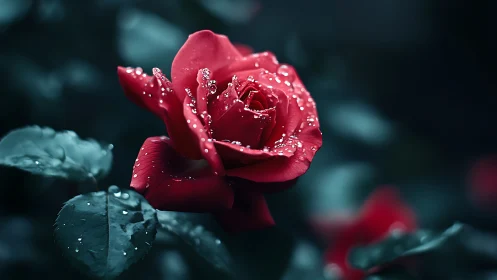 Crimson bloom glistens with dewdrops in moody twilight.