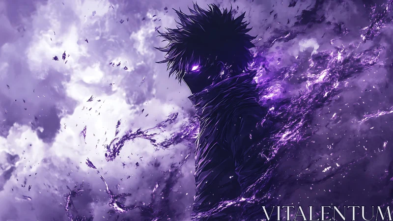 Shadowy anime figure radiates swirling purple energy power.