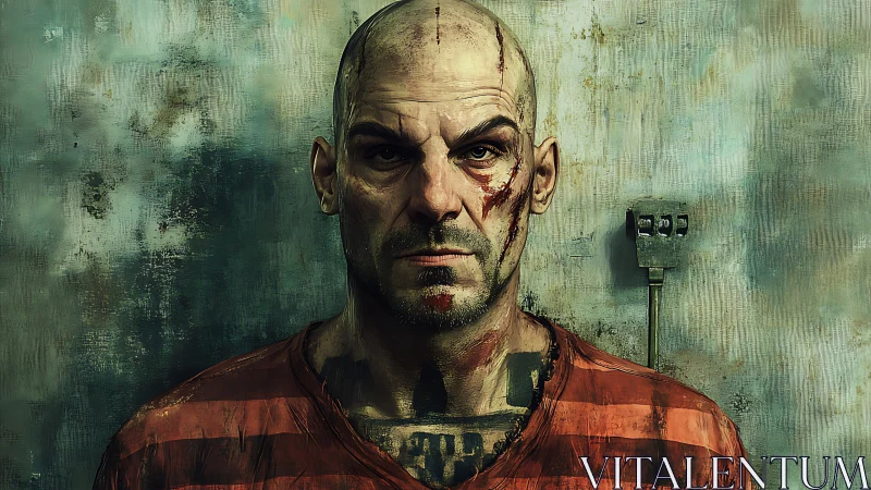 Scarred prisoner stares forward under harsh flat lighting