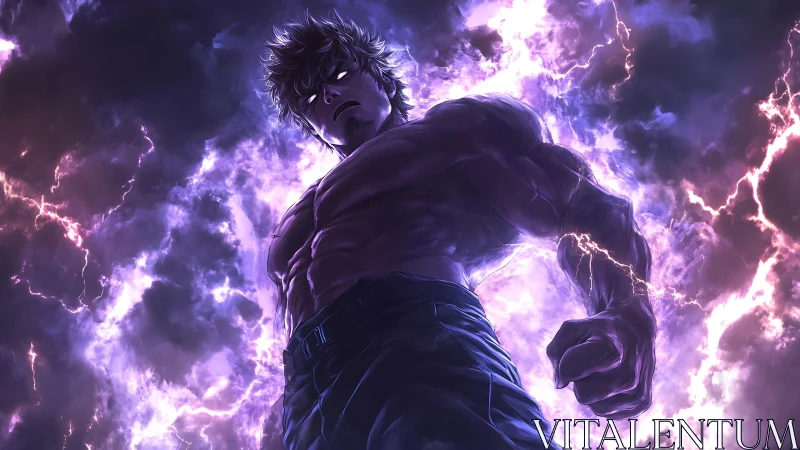 Voltage-charged anime titan in low-angle purple storm aura