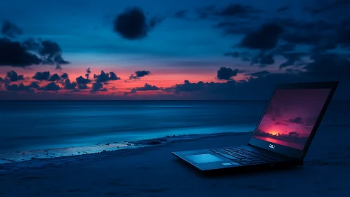 Ultrabook on tidal shoreline reflecting vivid dusk seascape