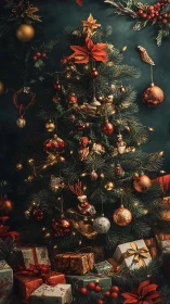 Photorealistic decorated Christmas tree with gifts and warm lights