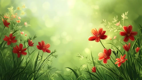 Red Flowers Bloom Against Soft Green Garden Backdrop.