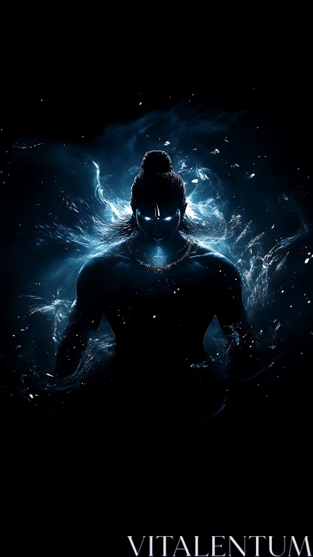 Backlit ethereal warrior silhouette rendered in blue volumetric energy