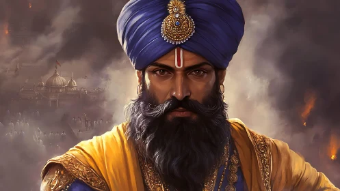 Bearded turbaned leader before domed complex and smoke.