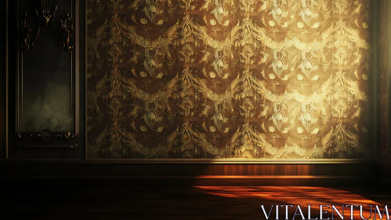 Gilded baroque wall panel with directional sunset floor lighting.