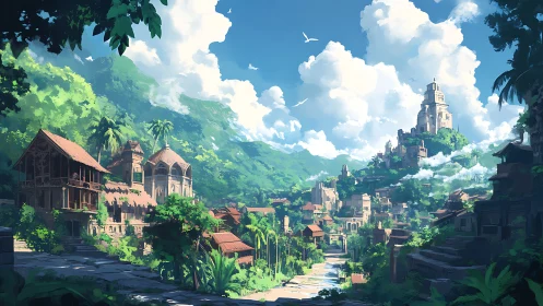 Sunlit jungle kingdom climbs skyward through lush emerald hills