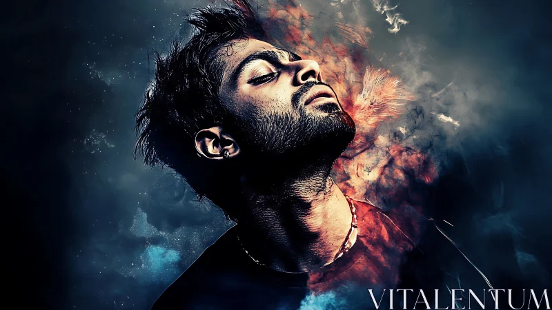Intense male portrait with fiery abstract smoke overlay.