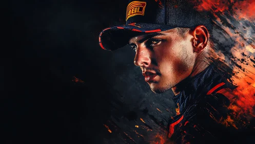 High-contrast racing portrait with dynamic flame textures.