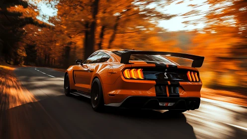 Orange sports coupe on forest road in autumn foliage motion.