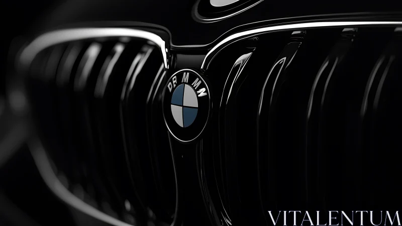 Close-up of BMW front grille and emblem in low light.