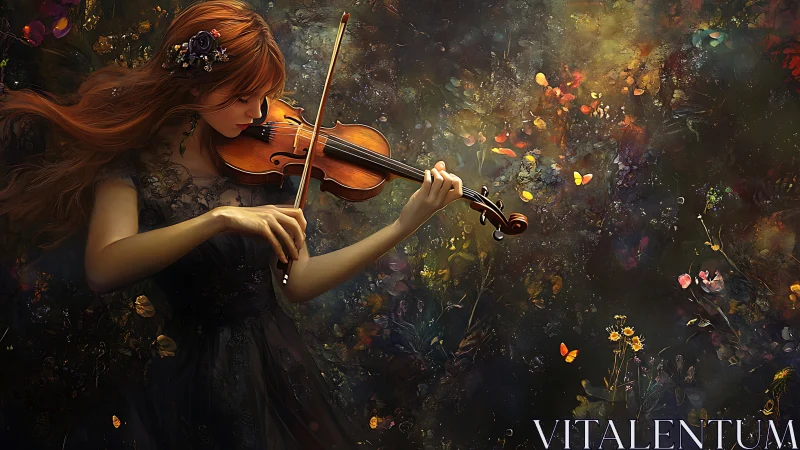 Violin sorceress summons glowing butterflies in wild twilight.
