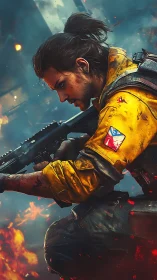 Digital painting portrait of tactical soldier in urban inferno.