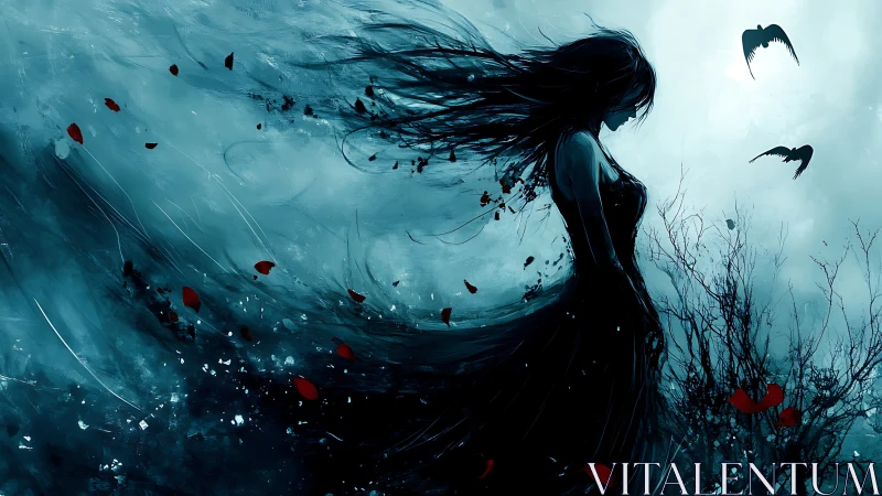Dark silhouette of woman in stormy blue abstract landscape.