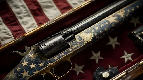 Ornate revolver rests on American flag in patriotic display