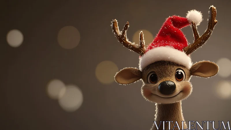 Smiling cartoon reindeer wears red Santa hat and faces camera
