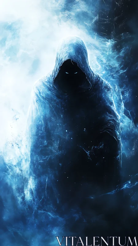 Hooded wraith emerges from swirling blue spectral void