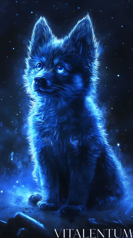 Bioluminescent canine figure rendered in luminous blue tones