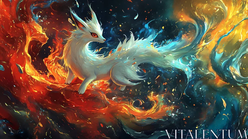 Gentle elemental fox wandering through swirling cosmic fire.