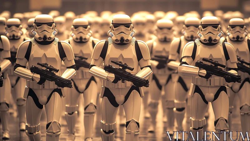 Helmeted ranks march through molten gold morning haze