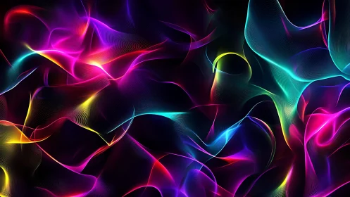 Neon abstract light waves on dark digital background.