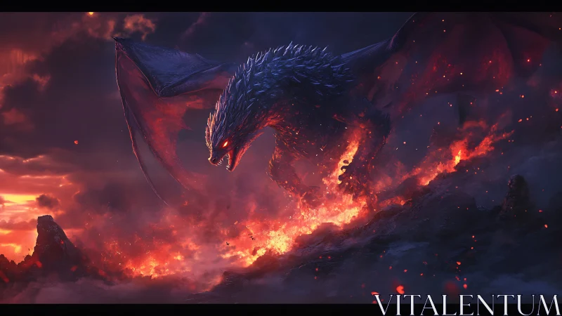 Winged dragon over volcanic ridge with flowing surface fire.