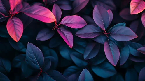Neon-tinted foliage pattern with teal shadows and magenta glow.