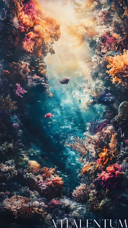 Sunlit coral canyon hums while two curious fish wander