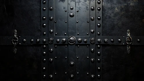 Symmetrical riveted iron gate with cross-braced reinforcement.