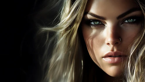 Intense close-up of woman with green eyes and nose ring.