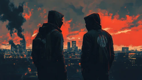Hooded figures survey burning skyline under saturated red dusk