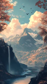 Autumn mountains rise over misted river canyon at dawn.