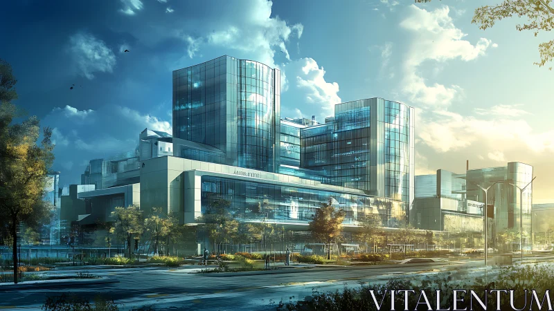 Modern Waterfront Complex with Glass Towers and Reflective Landscape.