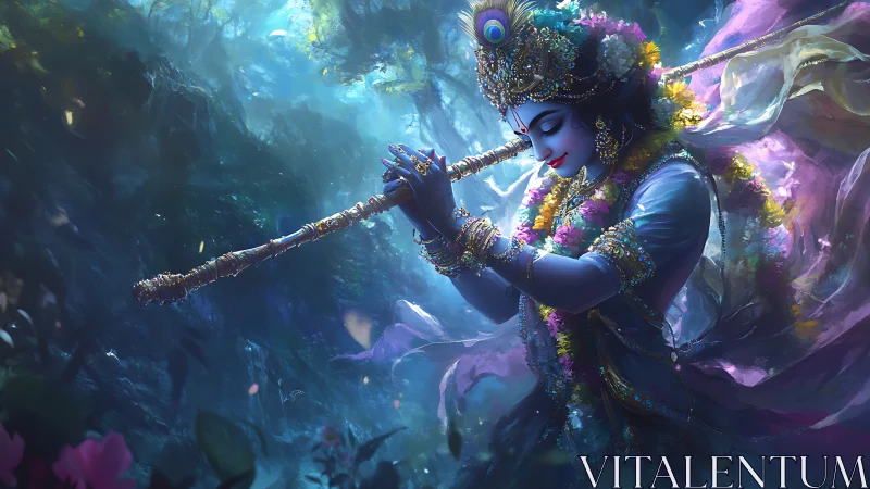 Gentle blue deity playing flute in glowing forest calm.